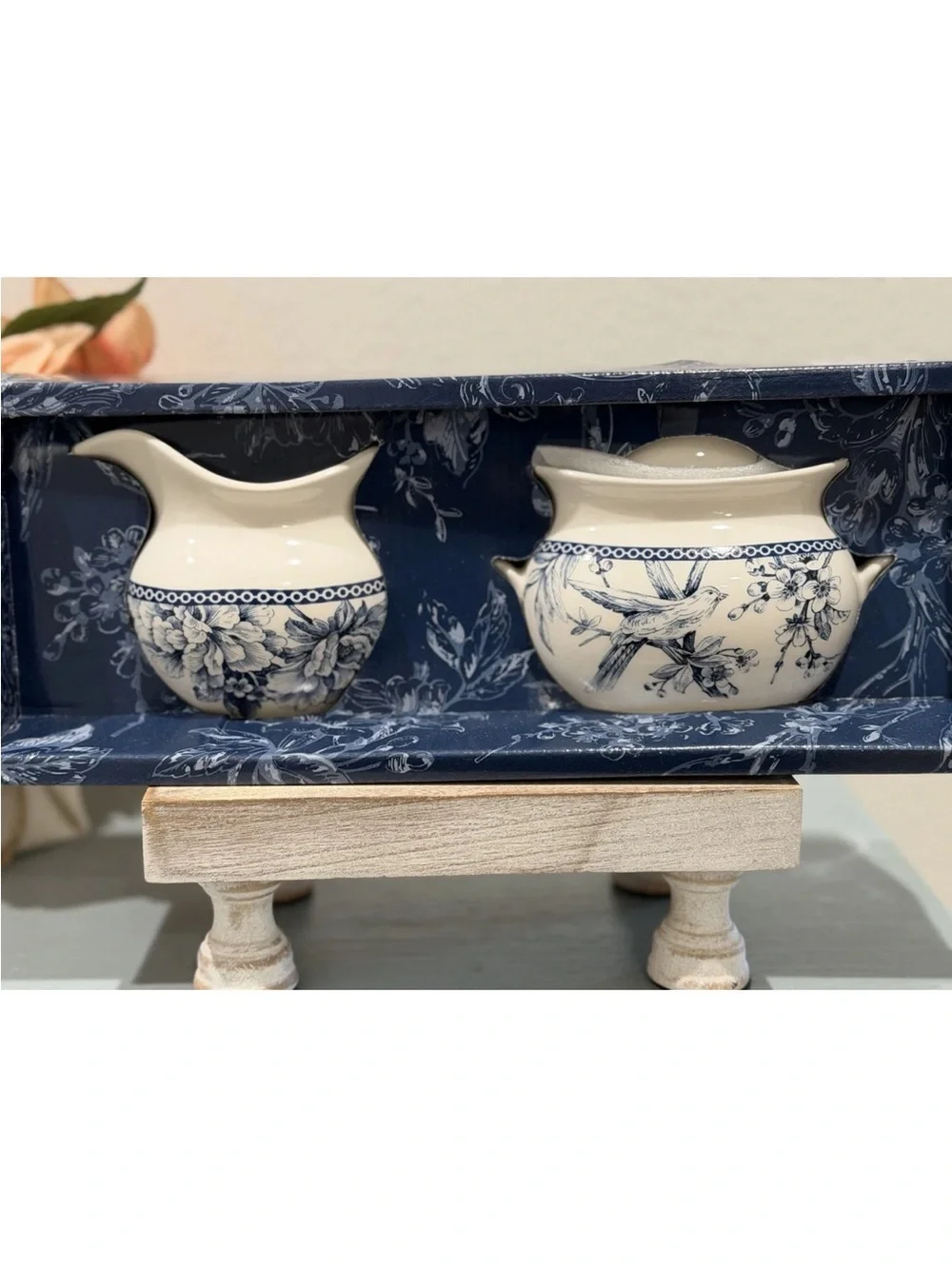 NIB 222 Fifth Adelaide Blue Floral Bird Sugar & Creamer 2 Piece Set